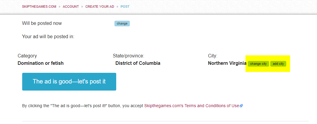 Change city for your post at Skipthegames.com