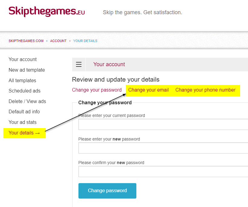 How to change email or password on Skipthegames.com